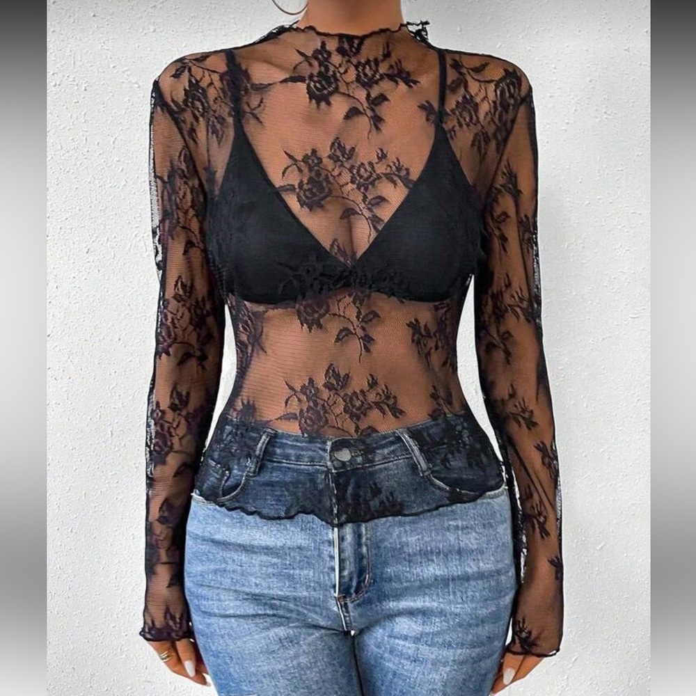 Completely Sheer floral lace long sleeve tee black lettuce trim edge mockneck - Picture 4 of 8